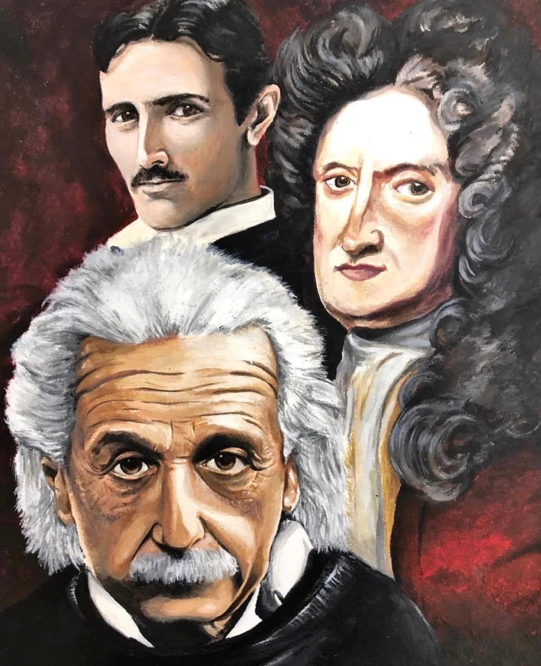 Einstein, Newton, and Tesla painting