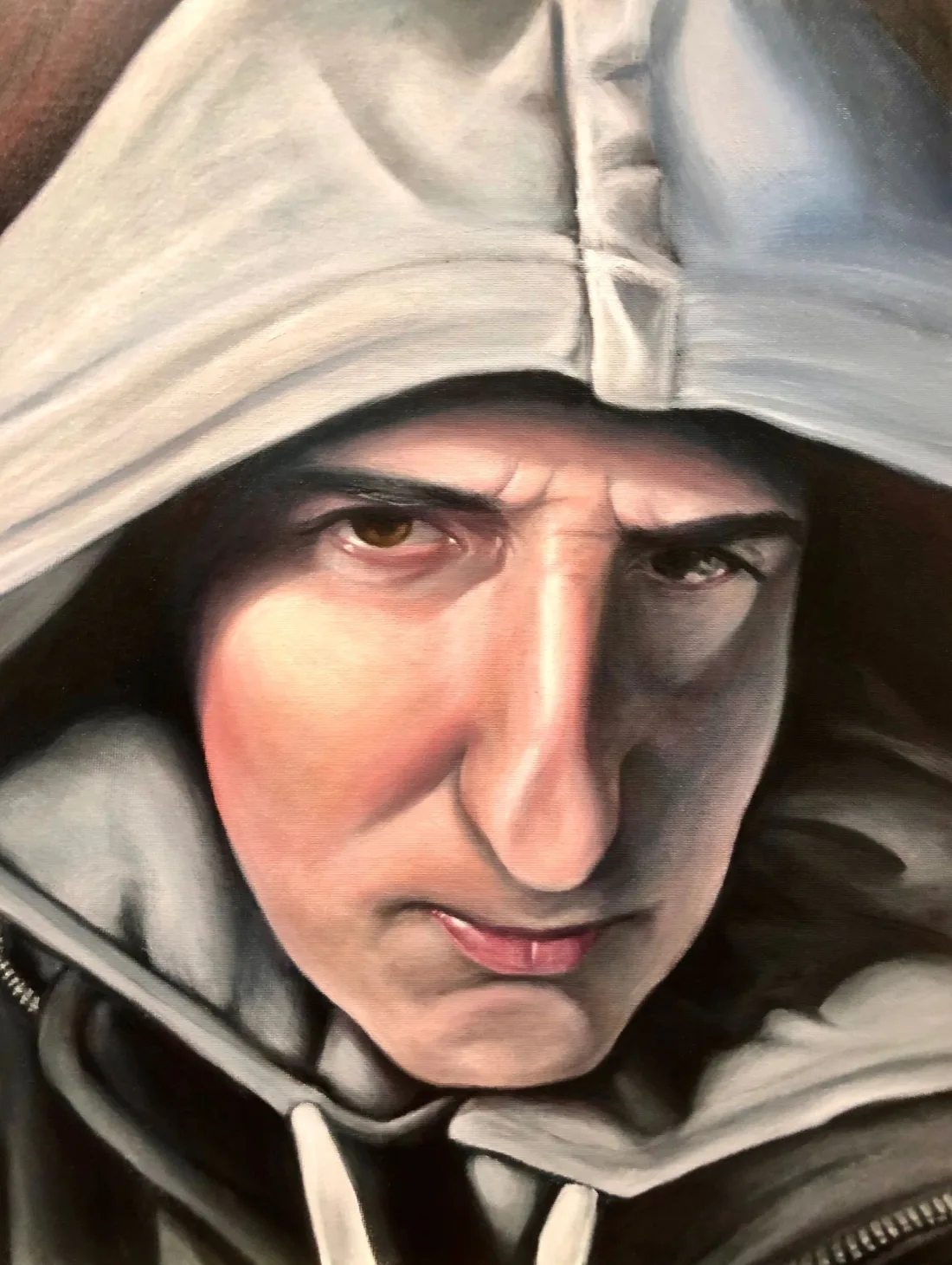 Hooded self portrait, oil on canvas