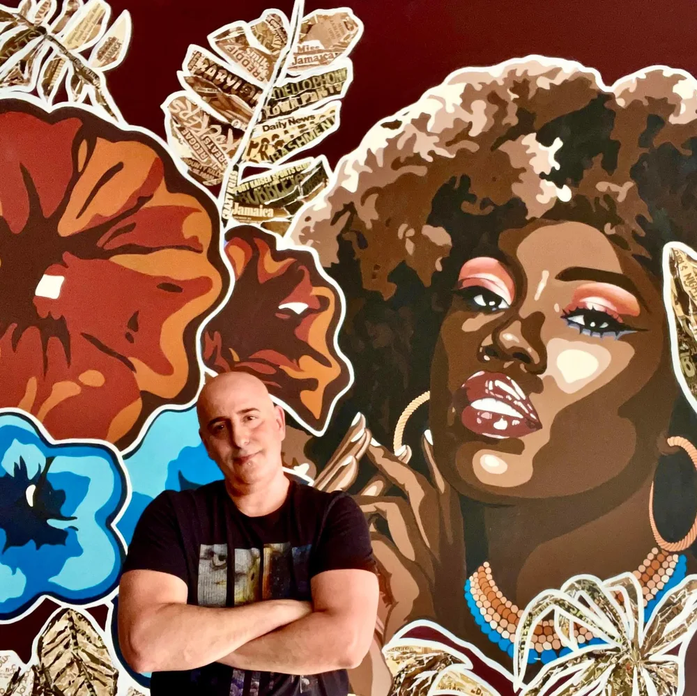 Colorful portrait mural of a woman surrounded by flowers